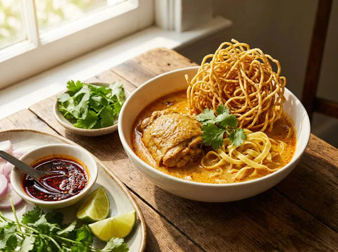 Khao soi : bol de soupe curry-coco du nord thaï avec cuisse de poulet, nouilles aux œufs et nid de nouilles frites croustillantes
