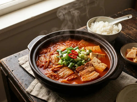 Kimchi jjigae bouillonnant dans une cocotte en fonte : ragoût rouge de kimchi, poitrine de porc et cubes de tofu, oignons verts sur le dessus