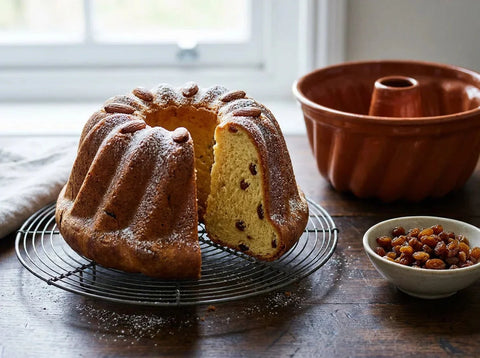 Kouglof alsacien démoulé sur une grille, couronne cannelée briochée aux raisins, amandes dans les cannelures et sucre glace, part coupée
