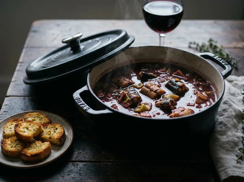 Lamproie à la bordelaise mijotée en cocotte : tronçons de poisson dans une sauce au vin rouge sombre, fondue de poireaux et jambon, croûtons à l'ail