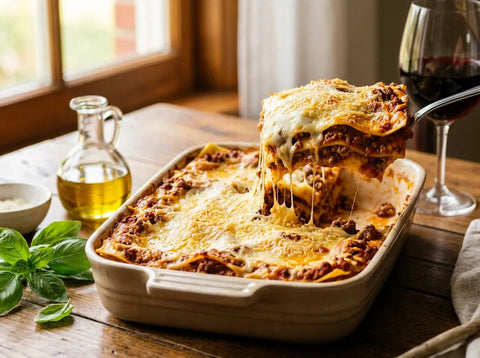 Part de lasagnes à la bolognaise dans un plat : couches de pâtes, ragù de bœuf et béchamel gratinée au parmesan