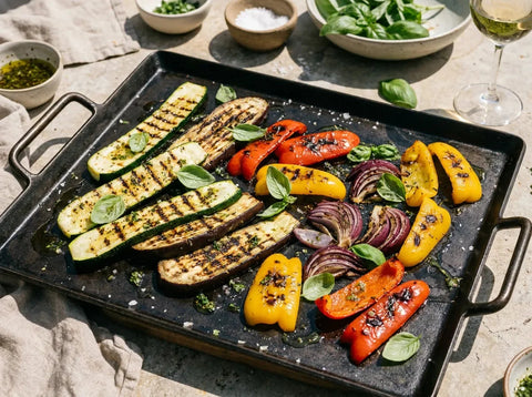 Légumes méditerranéens grillés à la plancha : lanières de courgette, aubergine, poivron rouge et jaune et oignon marquées et nappées d’huile d’olive aux herbes