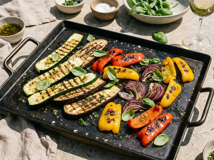 Légumes méditerranéens grillés à la plancha : lanières de courgette, aubergine, poivron rouge et jaune et oignon marquées et nappées d’huile d’olive aux herbes