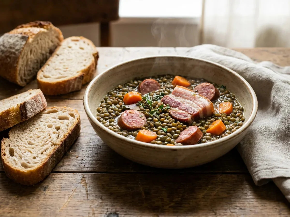 Assiette de lentilles vertes du Puy au petit salé : lentilles fondantes, poitrine de porc et saucisse fumée