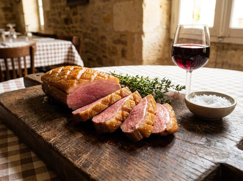 Magret de canard tranché rosé sur planche en bois avec thym et fleur de sel