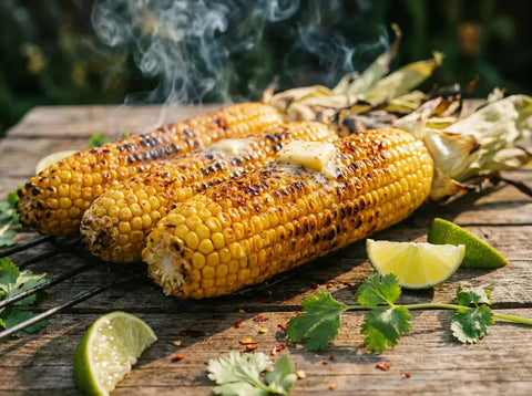 Épis de maïs grillés au barbecue nappés de beurre fondu au paprika fumé, avec citron vert et coriandre