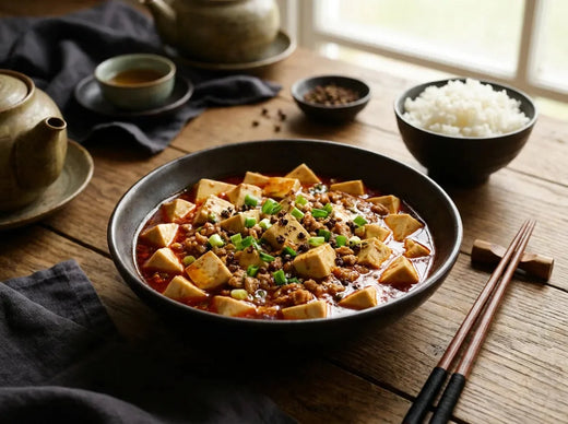 Mapo tofu du Sichuan : cubes de tofu soyeux dans une sauce rouge brillante au doubanjiang, parsemés de cébette et de poivre du Sichuan