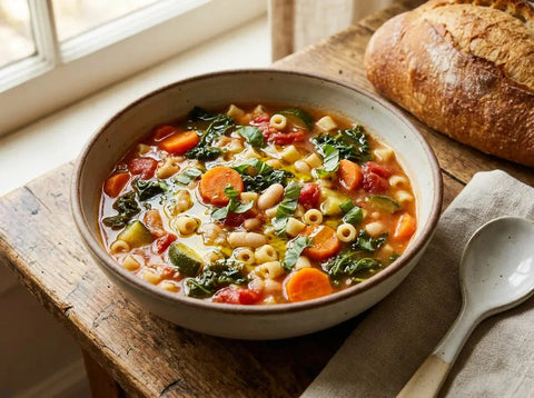 Bol de minestrone italien : soupe de légumes de saison, haricots blancs et petites pâtes, filet d’huile d’olive et basilic frais