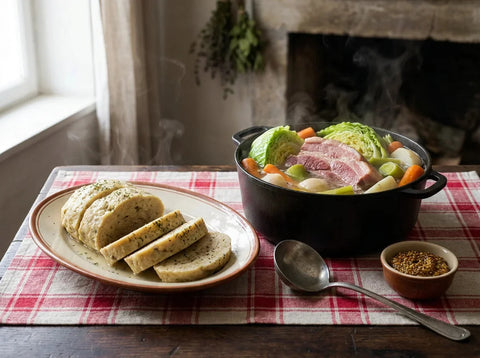 Mique périgourdine tranchée sur un plat, autour du petit salé, chou, carottes et navets d'une potée, bouillon fumant