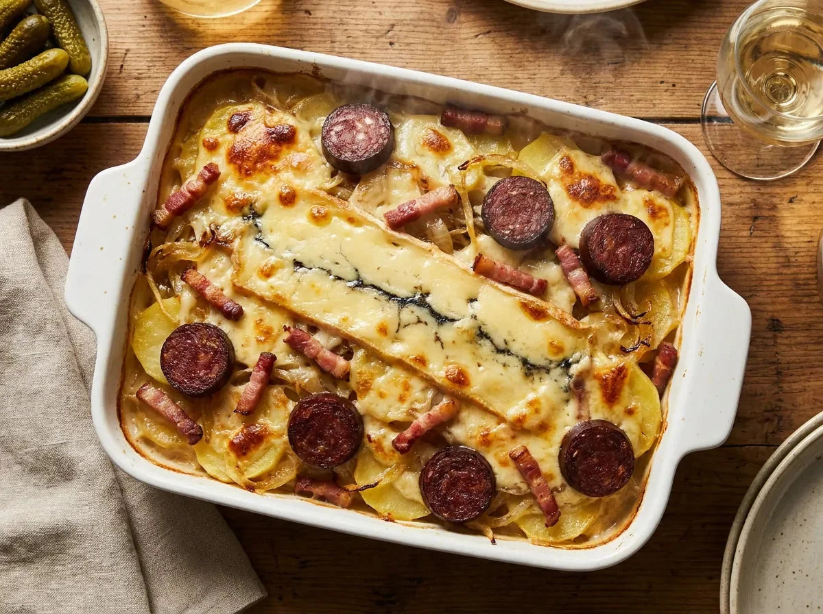 Morbiflette gratinée au Morbier fondant et à la saucisse de Morteau, pommes de terre et oignons dans un plat