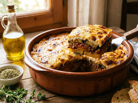Part de moussaka grecque dans un plat : couches d’aubergines et de viande à la tomate sous une béchamel dorée et gratinée