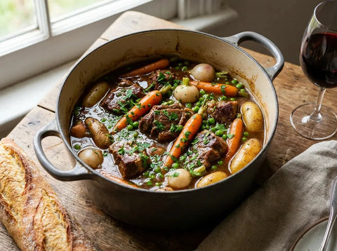 Navarin d'agneau printanier en cocotte : morceaux d'agneau fondants, carottes, navets, petits pois et pommes de terre grenaille dans une sauce brune