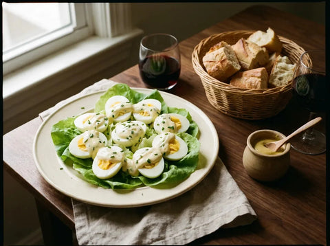 Œufs mayonnaise sur laitue, mayonnaise maison et ciboulette, panier de pain et pot de moutarde