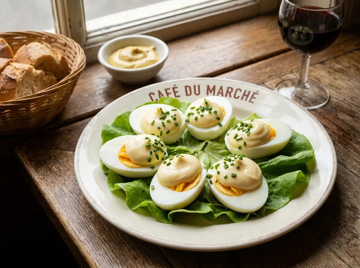 Œuf mayonnaise de bistrot : demi-œufs durs nappés de mayonnaise maison sur un lit de salade, dans une assiette