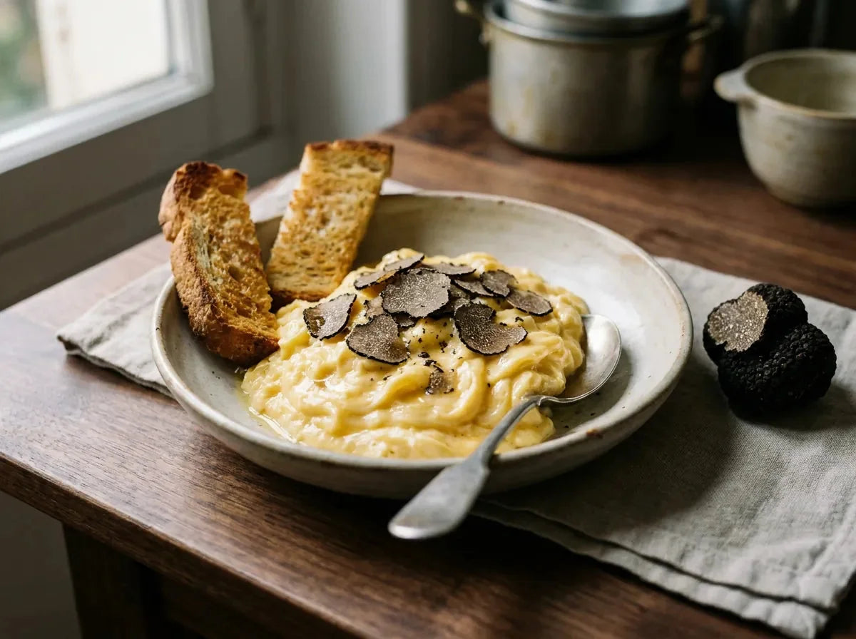 Œufs brouillés crémeux aux truffes noires rabotées, servis dans une assiette avec du pain de campagne grillé