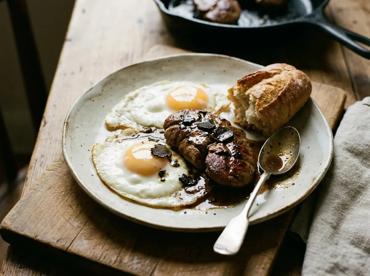 Œufs à la Meyerbeer : œufs sur le plat surmontés d’un rognon d’agneau grillé et nappés de sauce Périgueux à la truffe
