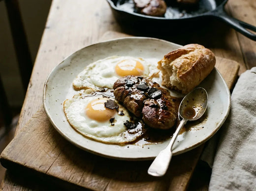 Œufs à la Meyerbeer : œufs sur le plat surmontés d’un rognon d’agneau grillé et nappés de sauce Périgueux à la truffe