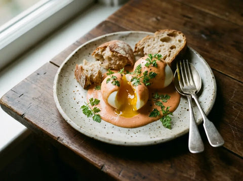 Œufs mollets nappés de sauce Aurore rosée à la tomate, jaune coulant, parsemés de cerfeuil