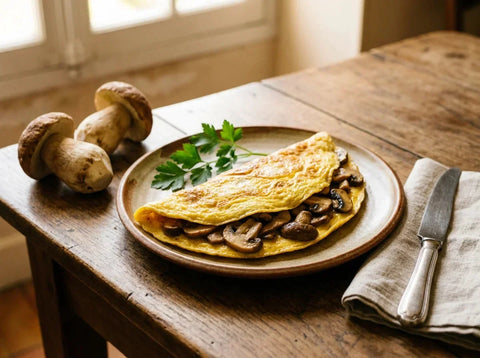 Omelette aux cèpes pliée et dorée sur assiette rustique avec cèpes frais et persil