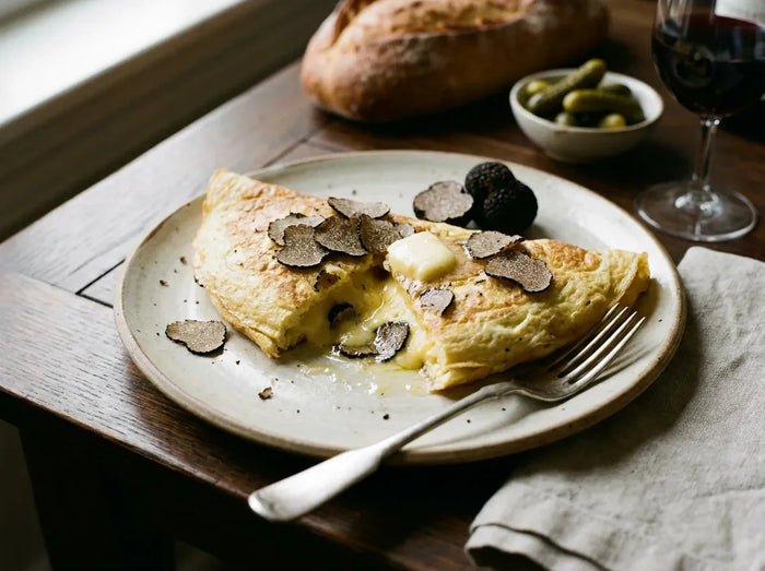 Omelette aux truffes baveuse roulée sur une assiette, parsemée de fines lamelles de truffe noire