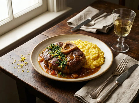 Osso buco à la milanaise : tranche de jarret de veau braisée dans sa sauce aux légumes, parsemée de gremolata au citron, servie sur un risotto