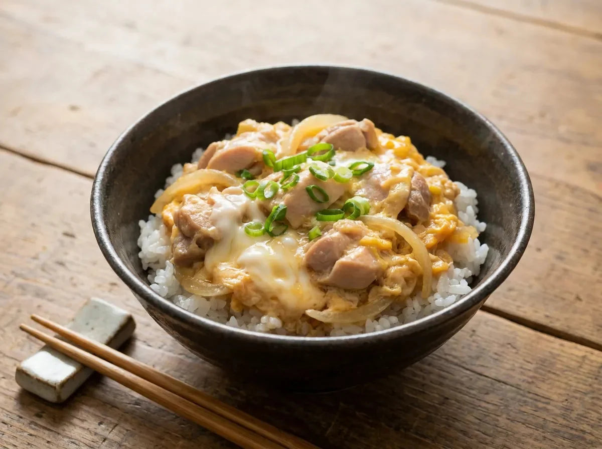 Bol d’oyakodon japonais : morceaux de poulet et oignon liés à l’œuf coulant sur un riz blanc, parsemé d’oignon nouveau