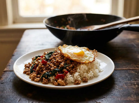 Pad krapow : viande hachée sautée au wok avec basilic sacré et piment, servie sur riz jasmin avec un œuf au plat aux bords croustillants
