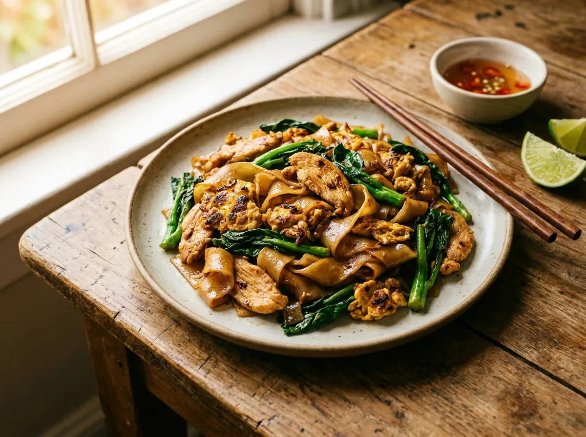 Pad see ew : larges nouilles de riz sautées à la sauce soja avec œuf, poulet et chou chinois, servies dans une assiette