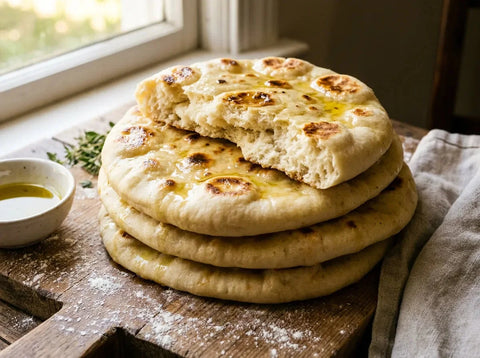 Pile de pains pita grecs maison moelleux et dorés, badigeonnés d’huile d’olive, sur un plan de travail rustique
