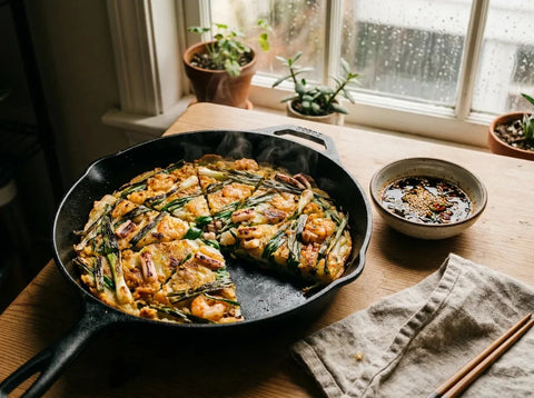 Pajeon coréen dans une poêle : crêpe dorée et croustillante parsemée de longs oignons verts et de fruits de mer, avec un bol de sauce soja-sésame