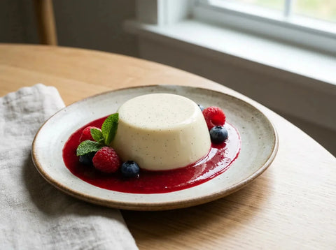 Panna cotta à la vanille démoulée sur une assiette, nappée d’un coulis de fruits rouges, texture crémeuse et tremblotante