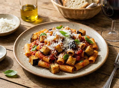 Assiette de pâtes alla norma : pâtes courtes à la sauce tomate, aubergines frites, basilic et ricotta salata râpée