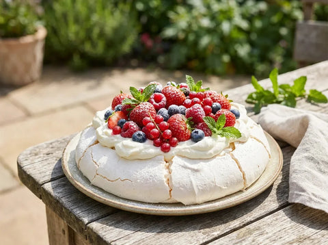 Pavlova aux fruits rouges : disque de meringue croustillante garni de chantilly et couronné de fraises, framboises et myrtilles