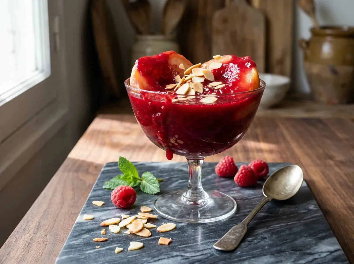 Pêches à la cardinal : demi-pêches pochées nappées d’un coulis de framboise rouge et parsemées d’amandes effilées dans une coupe