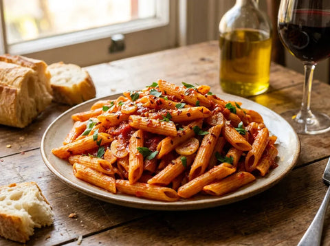 Assiette de penne all'arrabbiata : penne rigate enrobées d’une sauce tomate pimentée, ail et persil frais
