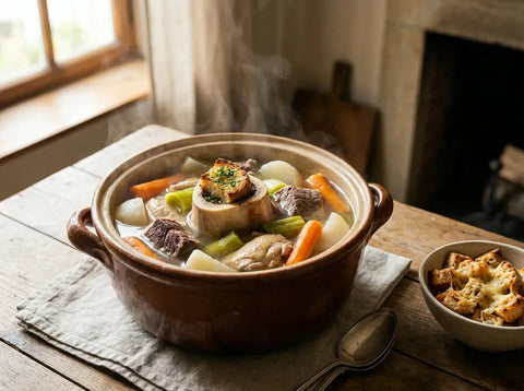 Petite marmite Henri IV : bœuf, volaille, os à moelle et légumes tournés dans un bouillon clair, servis avec des croûtes gratinées