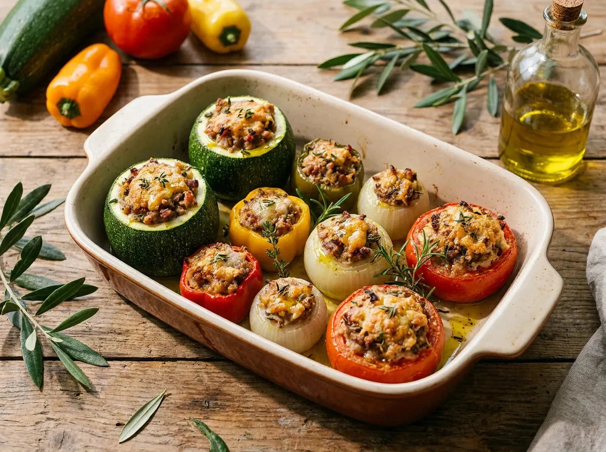 Petits farcis niçois dans un plat : tomates, courgettes rondes, oignons et poivrons garnis de farce dorée et gratinée