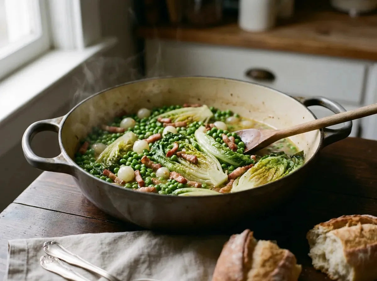 Petits pois à la française dans une cocotte, avec cœurs de laitue fondus, oignons grelots et lardons
