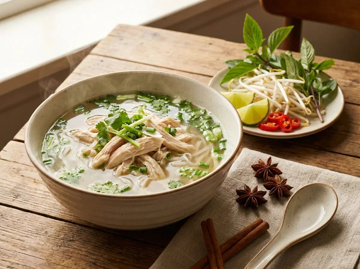 Pho ga : bol de soupe vietnamienne au poulet, bouillon clair, nouilles de riz, poulet effiloché, herbes fraîches et citron vert