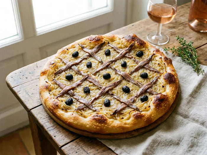 Pissaladière niçoise sur pâte à pain dorée, épaisse compote d’oignons fondus, anchois disposés en losanges et petites olives noires de Nice