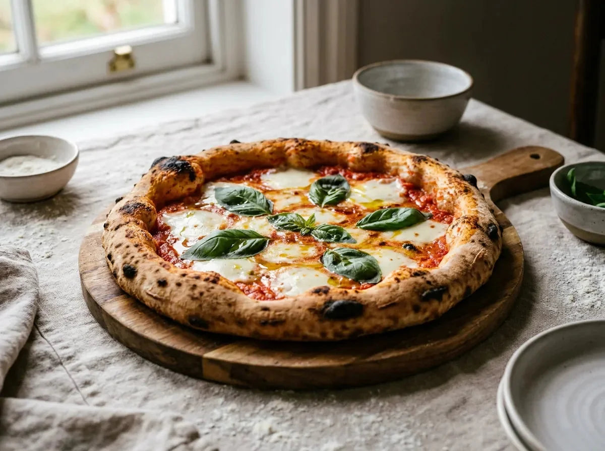 Pizza Margherita maison sur planche : sauce tomate San Marzano, mozzarella fondue, feuilles de basilic frais et bord soufflé et doré