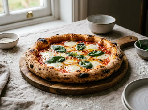 Pizza Margherita maison sur planche : sauce tomate San Marzano, mozzarella fondue, feuilles de basilic frais et bord soufflé et doré