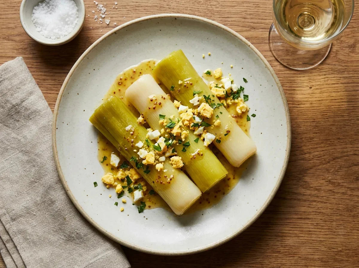 Poireaux vinaigrette : tronçons de blancs de poireaux tièdes nappés de vinaigrette moutardée à l’échalote et à l’œuf dur émietté