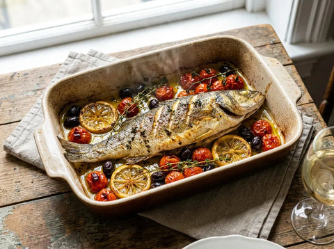 Poisson entier rôti au four sur un lit de tomates cerises, olives noires, rondelles de citron et thym, arrosé d’huile d’olive
