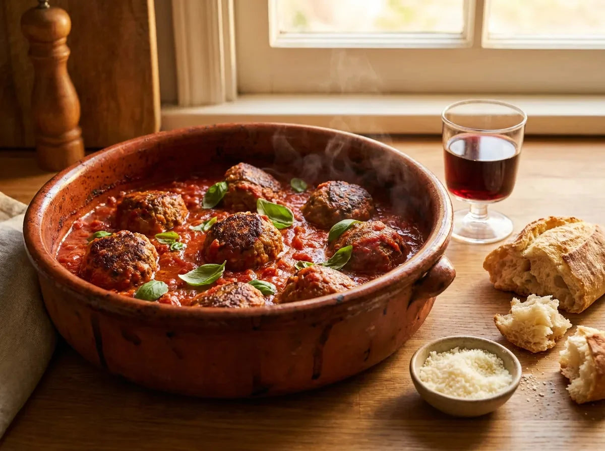 Polpette italiennes, boulettes de viande dorées mijotées dans une sauce tomate au basilic, servies dans un plat rustique avec du pain