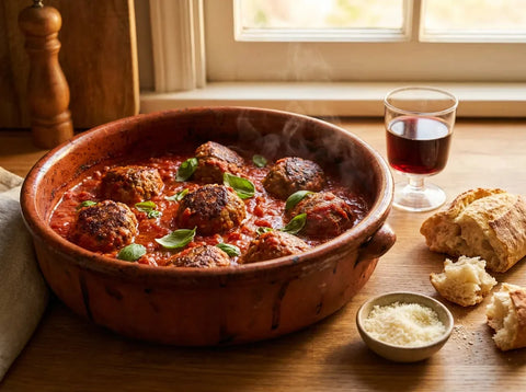 Polpette italiennes, boulettes de viande dorées mijotées dans une sauce tomate au basilic, servies dans un plat rustique avec du pain