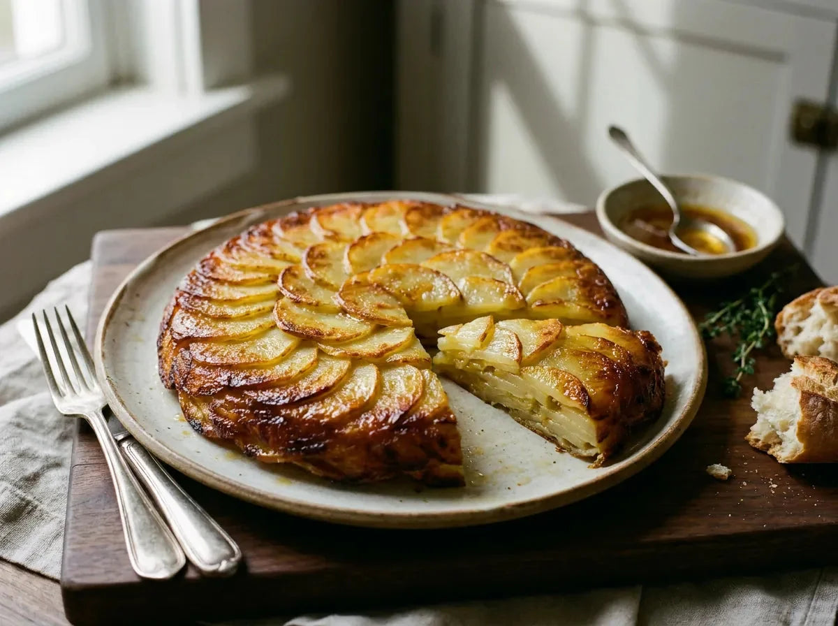 Gâteau de pommes Anna démoulé, lamelles de pomme de terre en rosace dorée et croustillante, une part coupée