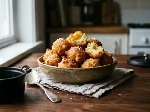 Pommes dauphine dorées et soufflées dans un plat, beignets de purée et pâte à choux croustillants