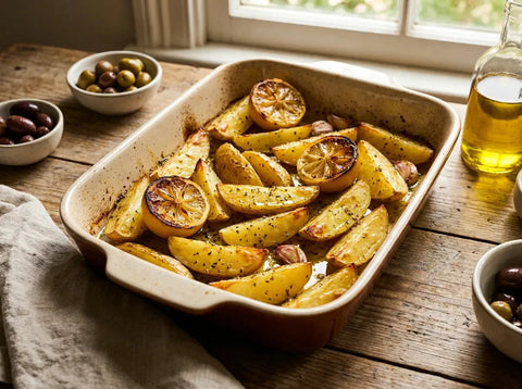 Plat de pommes de terre grecques au four, quartiers dorés et caramélisés au citron, ail et origan