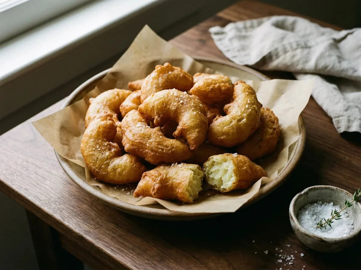 Pommes Lorette : beignets de pomme de terre et pâte à choux dorés en forme de croissant, fleur de sel